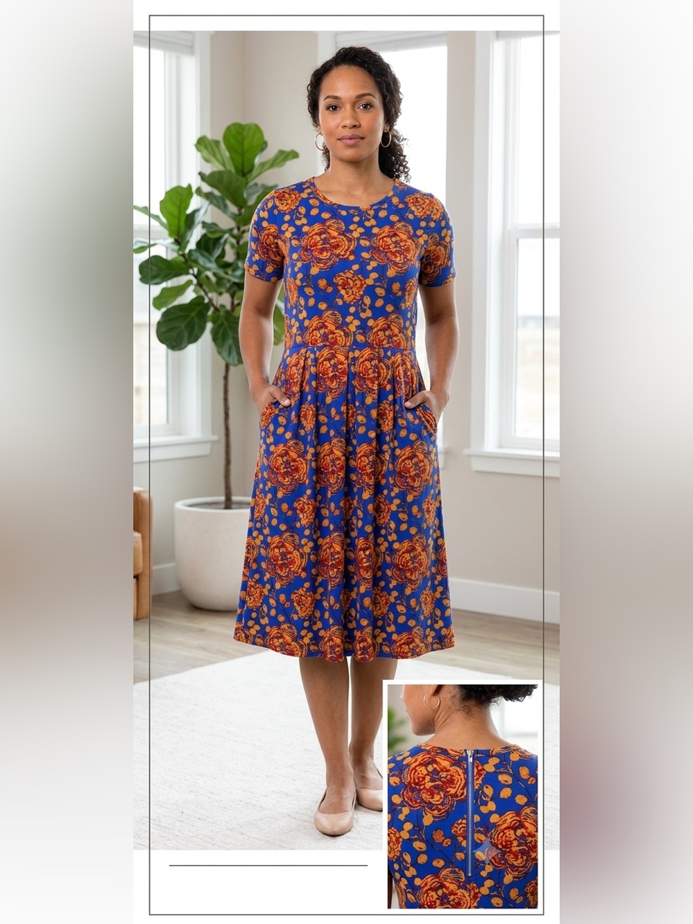 LuLaRoe Bold Royal Blue Midi Dress with Orange Floral Print